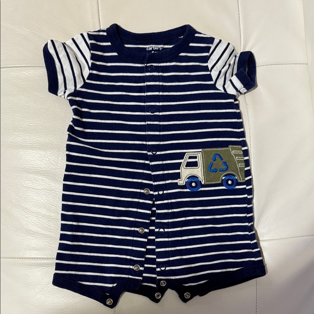 Carter's Navy and White Striped Romper with Truck Patch